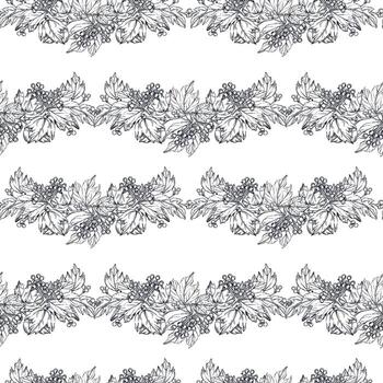 Seamless pattern of viburnum berries and leaves, viburnum shrub branches. All objects are hand-drawn with ink. Illustration suitable for printing on fabric, tableware, product labels vector