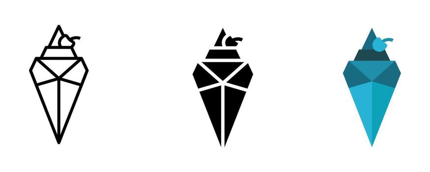 Ice Cream icon set. A set of three different ice cream icon. An ice cream icon with cherry topping, created in a modern geometric style, available in outline, solid black and a full color design. vector