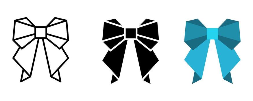 Ribbon icon set. A set of graphic illustrations featuring a stylized, geometric ribbon bow design. Includes outline, solid black and a turquoise version of the bow. vector