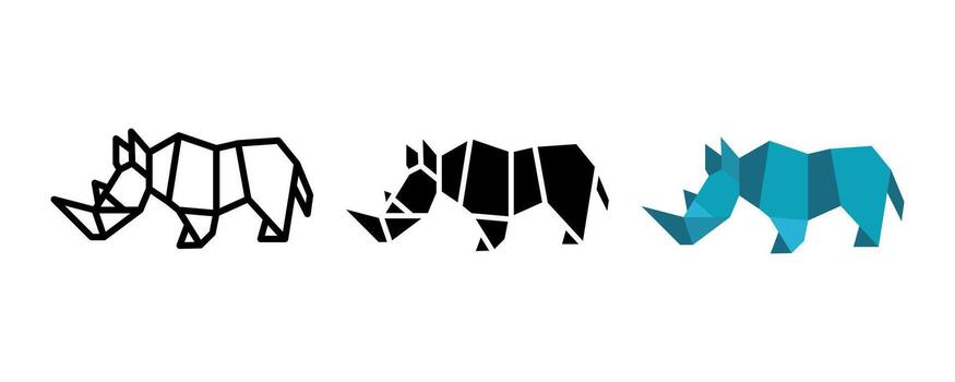 rhinoceros icon set. Three rhino silhouette image, black outline version, black silhouette version, and blue polygonal version, with minimalist and geometric triangle style. Suitable for logo or icon. vector