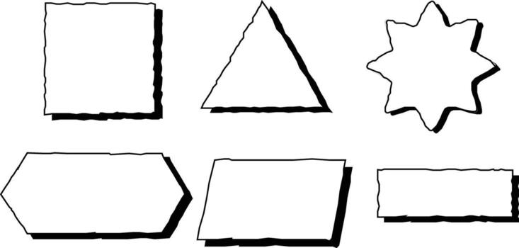 Hand-drawn geometric shape set with sketchy outlines and drop shadows. Includes square, triangle, starburst, hexagon, and abstract forms. Great for doodle-style infographics, notes, and creative layou vector