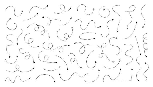 Hand drawn arrow set with dotted lines and curves for infographic design, directional pointers or sketch icons in white with loops and dots vector