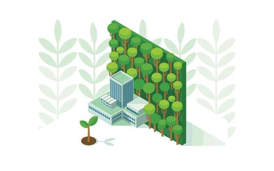 Isometric Green City Concept Modern Building with Trees and Sprout, Representing Sustainable Development, Urban Ecology, and Environmental Responsibility in a Cartoon Style vector
