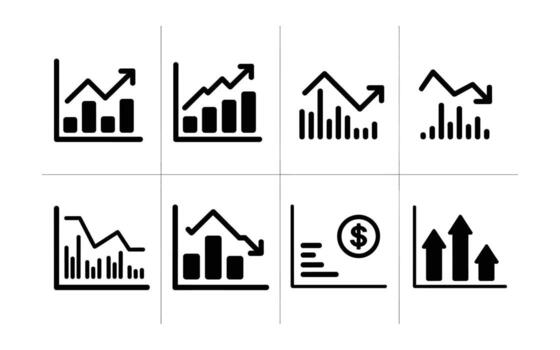 Data Charts and Graphs Financial Performance Analysis, Market Trends, Statistical Data Visualizations for Business Growth, Stock Market, Sales, and Economic Forecasts vector