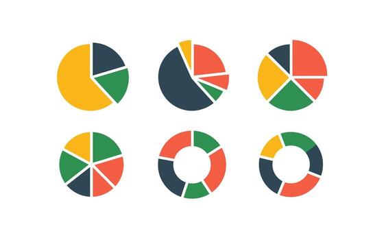 conjunto de vistoso tarta cartas y rosquilla cartas ilustrando datos, métrica, y porcentaje distribuciones para negocio presentaciones y datos visualizaciones en blanco antecedentes vector