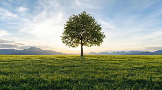 A lone tree stands in a grassy field at sunset photo