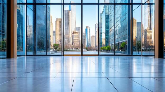 un grande ventana en un moderno oficina edificio con rascacielos en el antecedentes foto