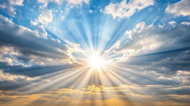 Sun shining through clouds in a blue sky photo