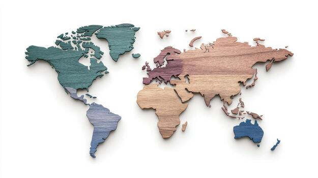 A wooden world map with different colors photo