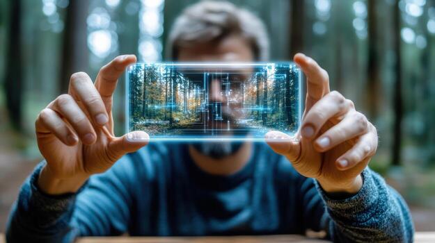 A man holding up a smartphone with a forest scene on it photo