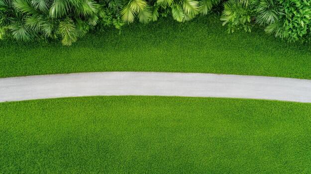 An aerial view of a green grassy field with a paved path photo