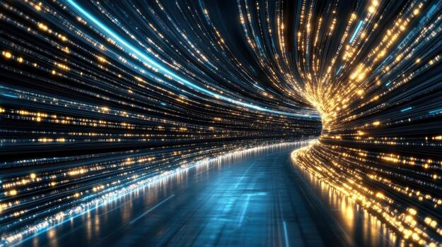 Abstract digital data tunnel with light trails photo
