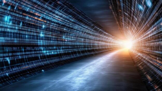 A tunnel with data lines and light at the end photo