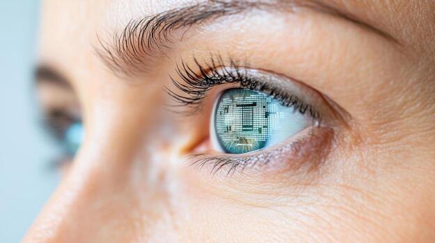 A close up of a woman's eye with a computer in the background photo