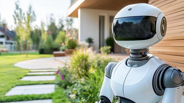 A robot standing in front of a house photo