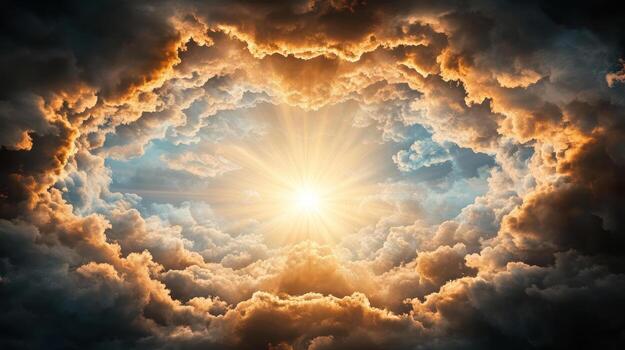 The sun shining through the clouds in a heart shape photo