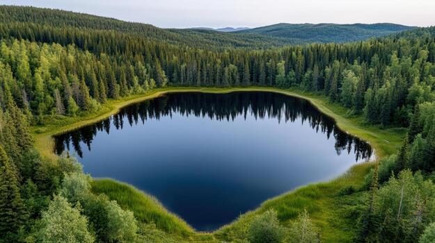 A heart shaped lake surrounded by trees in the middle of a forest photo