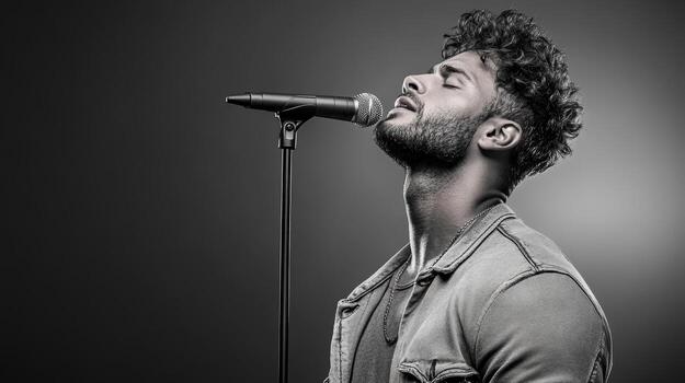 un hombre con Rizado pelo canto dentro un micrófono foto