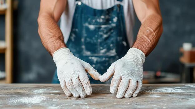 A man in white gloves making a heart shape with flour photo
