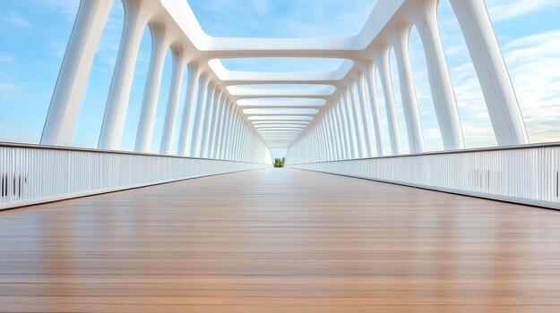A long bridge with wooden floor and sky in the background photo