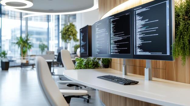 A desk with two monitors and a keyboard photo