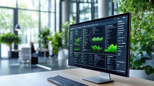 A computer monitor with graphs on it sitting on a desk photo