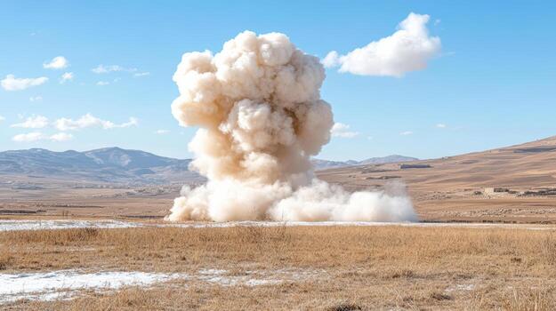 A large explosion is blowing up in the middle of a field photo