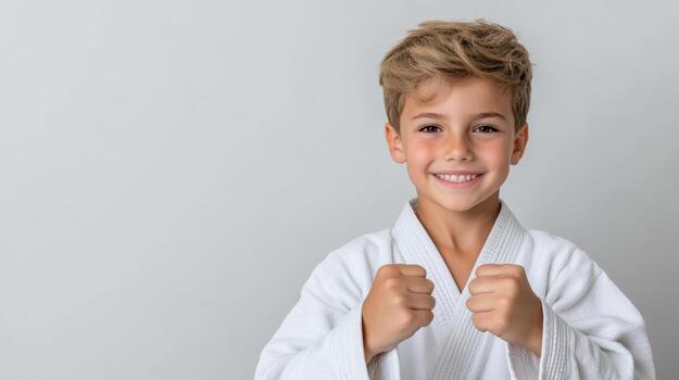 A boy in karate gear posing for the camera photo