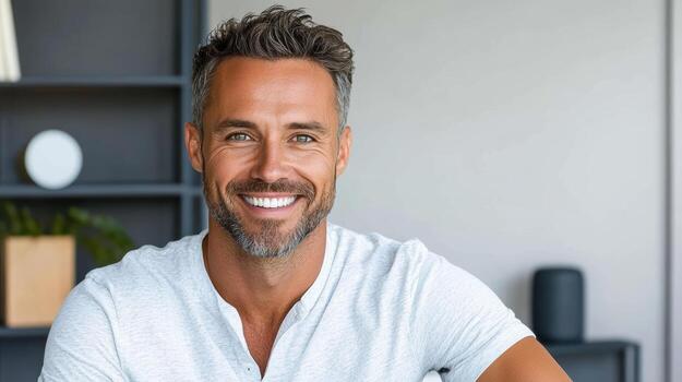 un hombre sonriente mientras sentado en un silla foto
