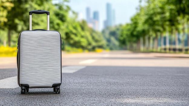 A suitcase sitting on the road with trees in the background photo