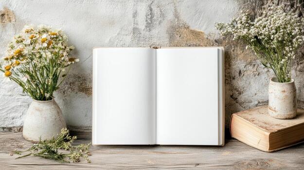 An open book and flowers on a rustic table photo