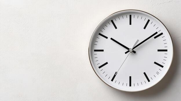 A white clock on a wall with black hands photo