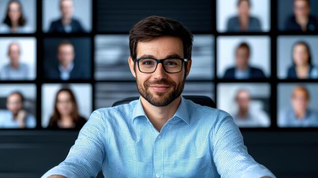 A man in glasses is sitting in front of a group of people photo