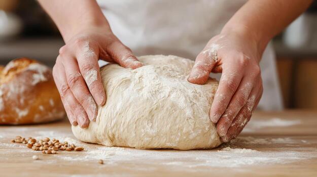 Hands kneading dough on a table photo