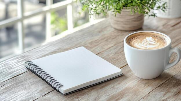 Coffee and notebook on wooden table with window photo