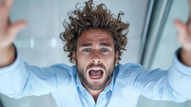 A man with his hands up in the air photo