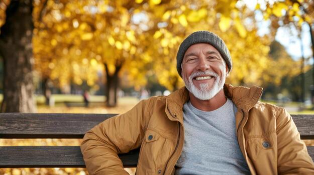 A man with a beard and hat sitting on a bench in the fall photo