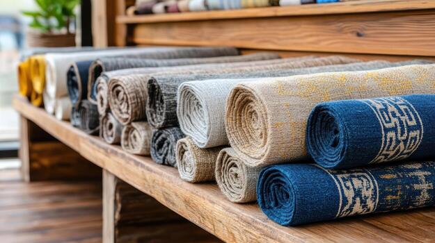 A row of colorful towels on a wooden shelf photo