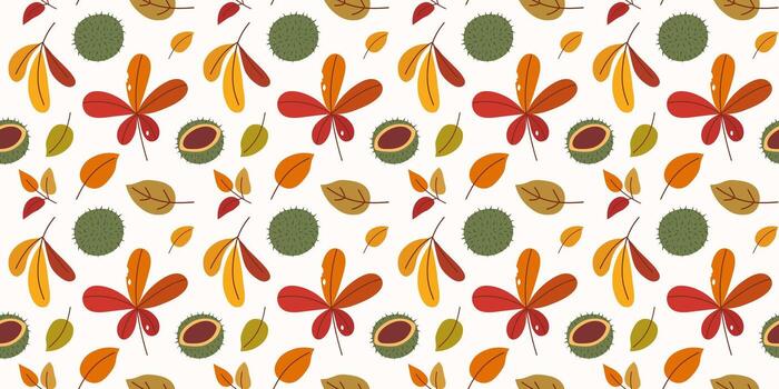 Horizontal autumnal seamless pattern with different chestnut and simple leaves, prickly nut. Bright flat illustration. Creative solution for background, fabric print, web, packaging, wallpaper. vector