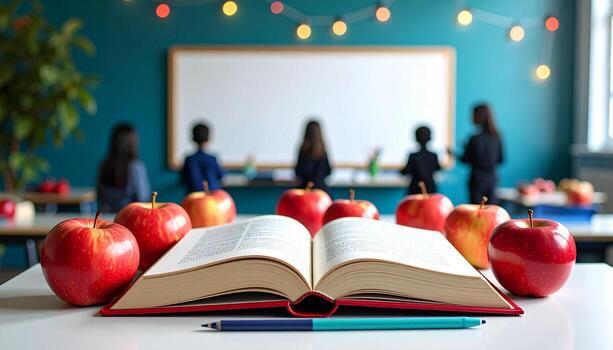 Teacher's Desk View, Open Book and Red Apples in a Classroom with Bokeh Lights photo