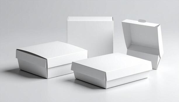 White boxes with open lids on a white surface photo