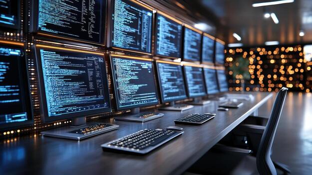 A row of computer monitors in a dark room photo