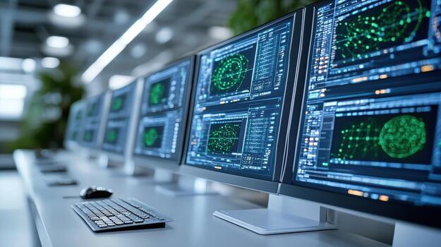 A row of computer monitors with green screens photo