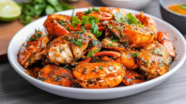 A bowl of cooked crabs with sauce and lime photo