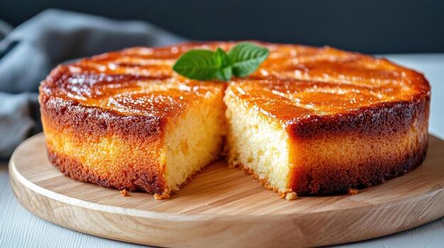 A cake with a slice missing on a wooden plate photo