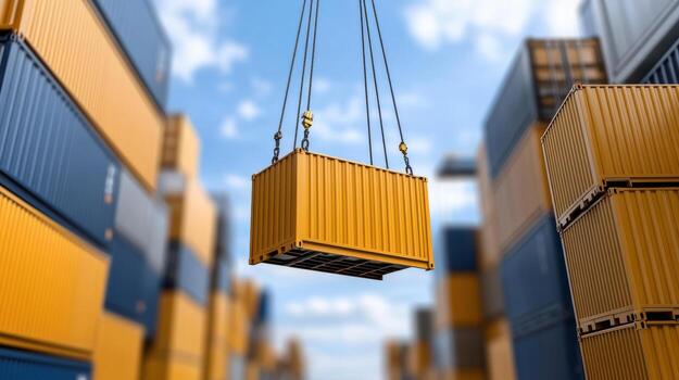 A crane is lifting a container into a container yard photo