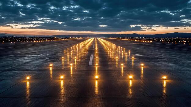 un aeropuerto pista con luces en eso a oscuridad foto
