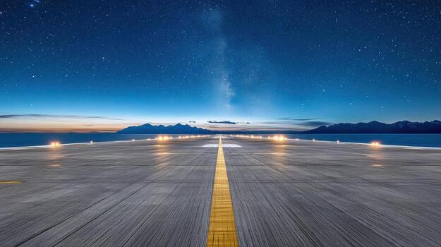 un avión pista a noche con un estrellado cielo foto