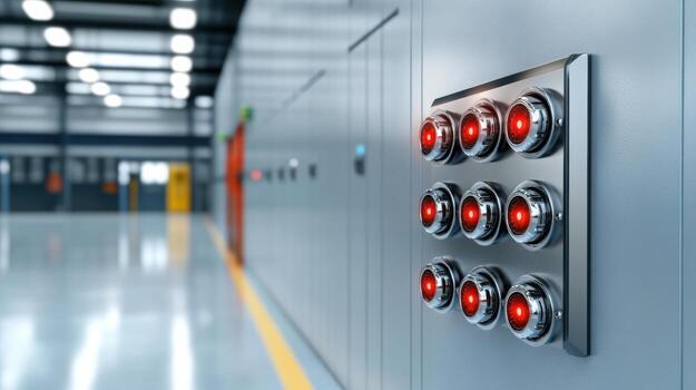 A large industrial room with red buttons on the wall photo