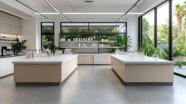 un moderno laboratorio con grande ventanas y un montón de plantas foto